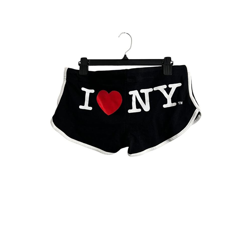 I Love NY Sweat Shorts Womens Medium Black Logo Drawstring Trim Lounge NYC